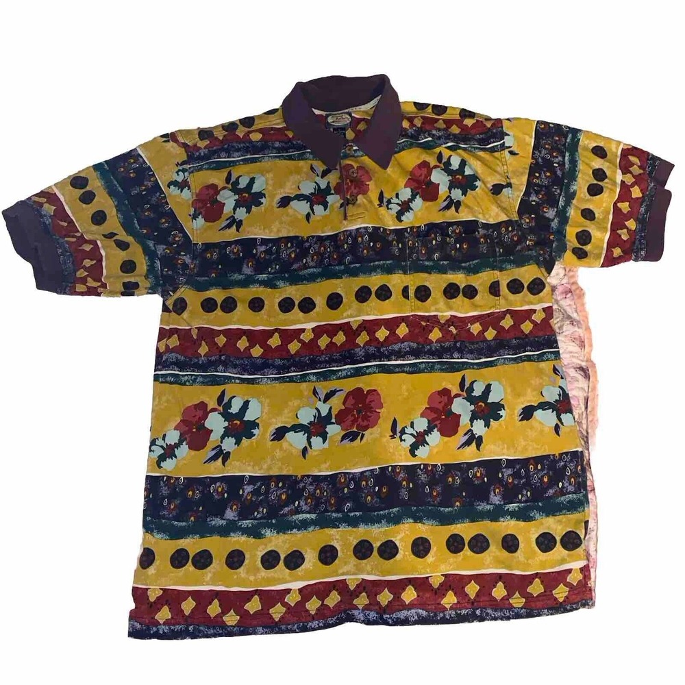 Tommy Bahama Polo Shirt Men Size Large Floral‎ Print Short Sleeve Hawaiian